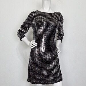 J. Howard Black Silver Mirror Sequin 3/4 Sleeve Party Cocktail Dress Size 6